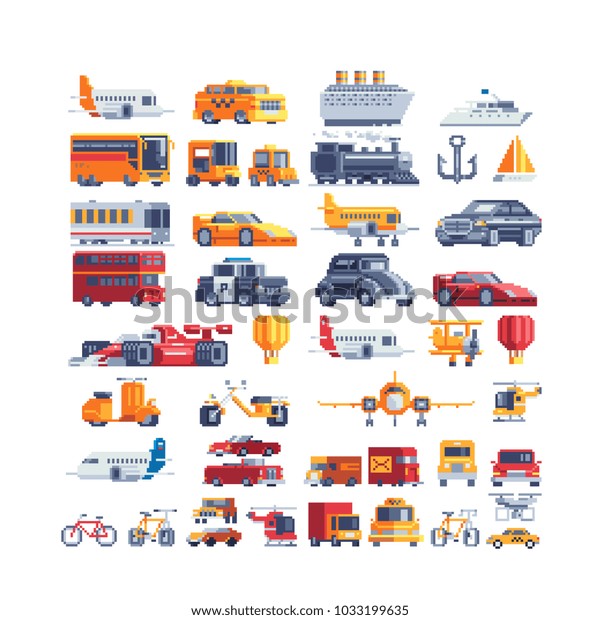 Transport pixel art icons set airplane truck taxi\
sports car motorcycle truck ship isolated vector illustration\
design for stickers, embroidery, mobile app. Logo transport\
company. 8-bit. Game\
assets.
