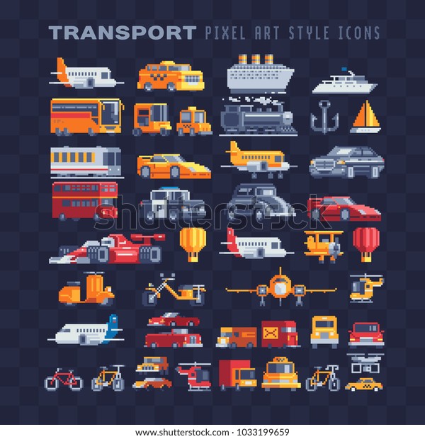 Transport pixel art icons set airplane truck taxi\
sports car motorcycle truck ship isolated vector illustration. Logo\
transport company. 8-bit. Game assets. Design for stickers\
embroidery mobile\
app.