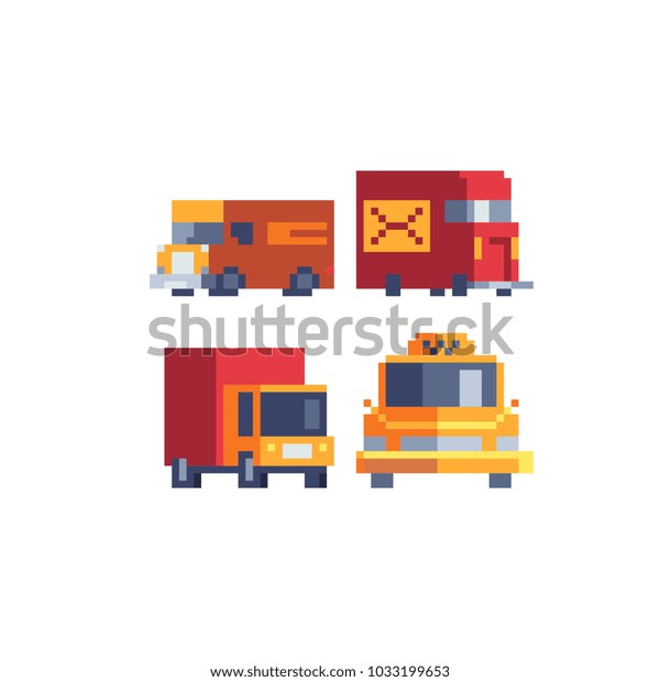 Transport pixel art icons taxi car and post truck\
isolated vector illustration. Service app and logo transport\
company. 8-bit. Game assets. Design for stickers, embroidery,\
mobile app.