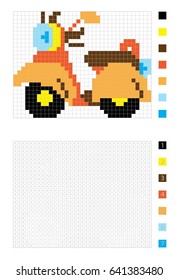 Transport. Pixel scooter in the coloring page with numbered squares, vector illustration