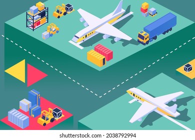 Transport plane at airport, loading aircraft service, isometric vector illustration. Airplane transportation for freight, cargo box.