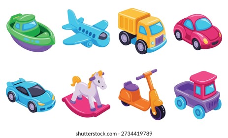 Transport and playground vector set with jet ski, airplane, delivery truck, compact car, unicorn rocker, scooter, toddler birthday celebration