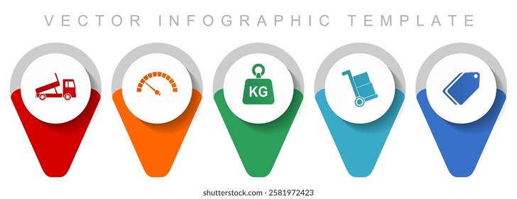 Transport pointer collection, miscellaneous icons such as truck, speedmeter, kg, barrow and ticket, flat design vector infographic template in eps 10