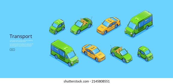 Transport Poster With Isometric Mini Van, Taxi, Cabriolet And Small Car. Vector Banner With Flat Illustration Of Minibus, Luxury Auto Without Roof, Yellow Cab And Compact Car