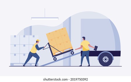 Transport process, Warehouse Worker load boxes in a truck. Warehouse Management, Logistic Management, Supply Chain. Vector illustration