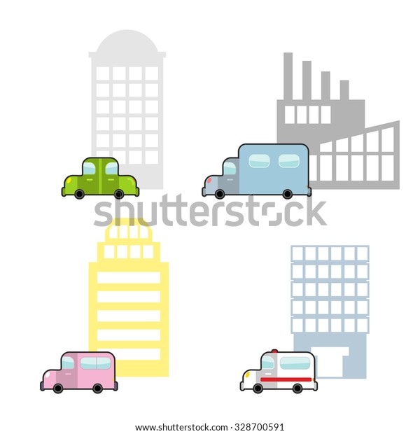 Transport and\
public buildings set cartoon style. Skyscraper and a car. Ambulance\
and hospital. Plant and\
truck.\
