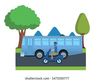 Transport and public bus and scooter vehicles riding cartoon on highway with landscape scenery ,vector illustration graphic design.