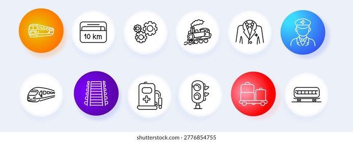 Transport railway set icon. Train distance gear locomotive uniform highspeed rail escalator fuel signal luggage wagon line icons minimal outline style travel collection.