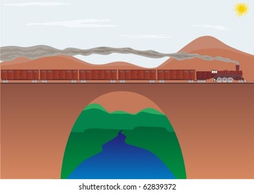 Transport railways. Composition of goods wagons pulled an old locomotive.