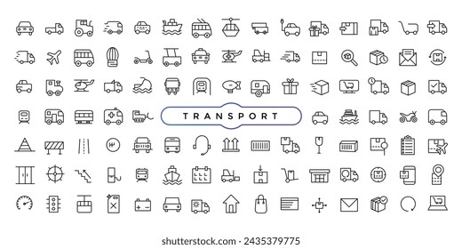 Transport Related Line Icons Set. Contains such Icons as Taxi, Train, Tram, Express Delivery, Tracking and more.