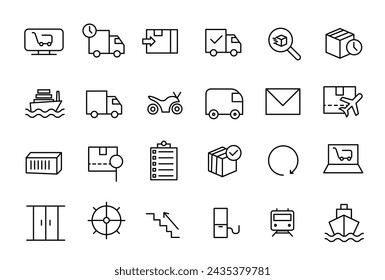 Transport Related Line Icons Set. Contains such Icons as Taxi, Train, Tram, Express Delivery, Tracking and more.