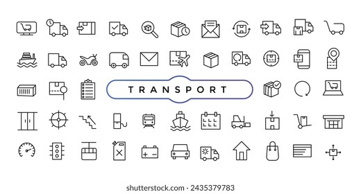 Transport Related Line Icons Set. Contains such Icons as Taxi, Train, Tram, Express Delivery, Tracking and more.