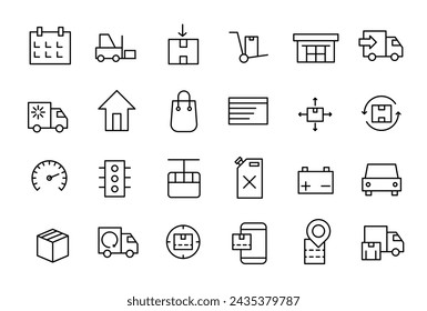 Transport Related Line Icons Set. Contains such Icons as Taxi, Train, Tram, Express Delivery, Tracking and more.