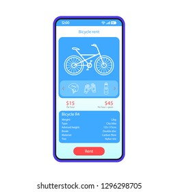Transport rent app smartphone interface vector template. Mobile application page blue design layout. Bicycle rental online advert screen. Flat UI. Bike, gear options description on phone display