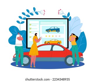 Transport rental, service with automobile concept, vector illustration. Man woman character use smartphone application to rent auto.