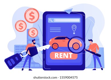 Transport renting website, automobile buying. Man searching used auto on Internet. Rental car service, budget car rental, online car booking concept. Pinkish coral bluevector isolated illustration