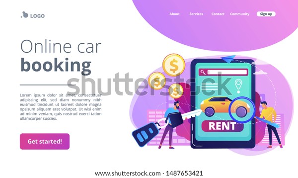 Transport renting website, automobile buying.\
Man searching used auto on Internet. Rental car service, budget car\
rental, online car booking concept. Website homepage landing web\
page template.