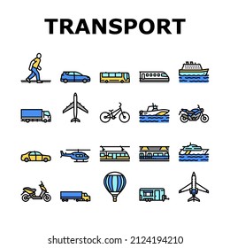 Transport For Riding And Flying Icons Set Vector. Train And Car, Bus And Motorcycle, Air Balloon And Aircraft Transport Line. Cargo Truck And Helicopter, Subway Metro And Tram Color Illustrations