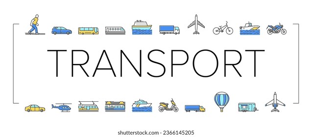 Transport For Riding And Flying Icons Set Vector. Train And Car, Bus And Motorcycle, Air Balloon And Aircraft Transport Line. Cargo Truck And Helicopter, Subway Metro And Tram Color Illustrations