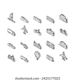 Transport For Riding And Flying isometric icons set. Train And Car, Bus And Motorcycle, Air Balloon And Aircraft Transport Line. Cargo Truck And Helicopter, Subway Metro And Tram Color