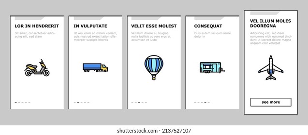 Transport For Riding And Flying Onboarding Mobile App Page Screen Vector. Train And Car, Bus Motorcycle, Air Balloon Aircraft Transport Line. Cargo Truck Helicopter Subway Metro And Tram Illustrations