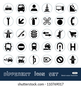 Transport and road signs urban web icons set. Hand drawn sketch illustration isolated on white background