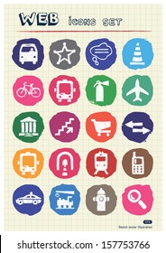 Transport and road signs urban web icons set drawn by chalk. Hand drawn vector elements pack isolated on paper