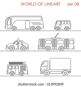 Transport road taxi van truck bus trolley bus graphical line art style icon set. World of lineart collection.