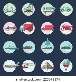 Transport round button icons set with truck helicopter motorcycle isolated vector illustration