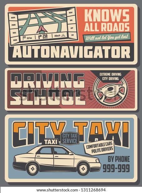 Transport route GPS navigator, extreme driving\
school or city taxi service. Vector automotive transportation\
vintage posters, vehicle\
industry