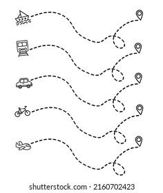 Transport route vector set. Line path vector icon of air plane flight route with start point and dash line trace.Vector