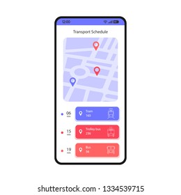 Transport schedule smartphone interface vector template. Mobile app page white design layout. Tram, trolley, bus tracking screen. Flat UI for application. Public transport timetable. Phone display