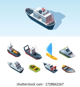 Transport sea isometric set. Cargo tanker with containers research vessel rescue boat pleasure high-speed inflatable boat, windsurfing with good sail liner fishing vessel. Vector isometric style.