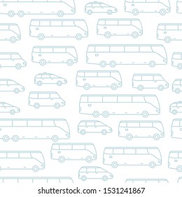 Transport seamless pattern background. Passengers cars and buses. Outline contour light blue line.
