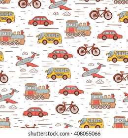 Transport seamless pattern. Hand Drawn doodle car, airplane, steam locomotive,  bicycle - vector illustration