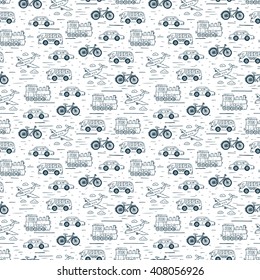Transport seamless pattern. Hand Drawn doodle car, airplane, steam locomotive,  bicycle - vector illustration