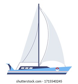 Transport For Seas And Oceans, Sailboat Or Yacht Isolated Icon. Ship With Mast And Lifebuoy, Voyaging And Traveling By Vessel. Yachting Sport Or Hobby For Sailors And Rich People, Vector In Flat