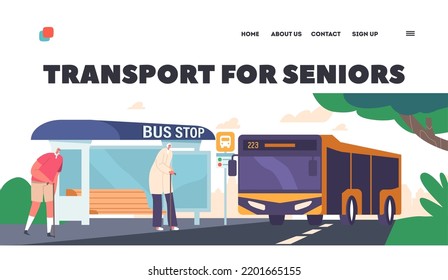 Transport For Seniors Landing Page Template. People On Bus Station, Male And Female Passenger Characters Waiting City Commuter. Public Transportation, Urban Transport. Cartoon Vector Illustration