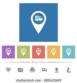 Transport service GPS map location flat white icons in square backgrounds. 6 bonus icons included.