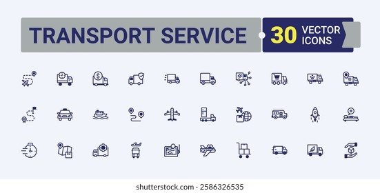 Transport Service modern icon. Containing train, cab, airplane, truck, tram, aircraft and more. Set of line pictogram. Editable stroke. Vector illustration.