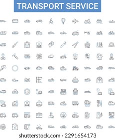Transport service outline icons collection. Transportation, Shipping, Delivery, Courier, Logistics, Freight, Moving vector illustration set. Hauling, Cruise, Rail line signs