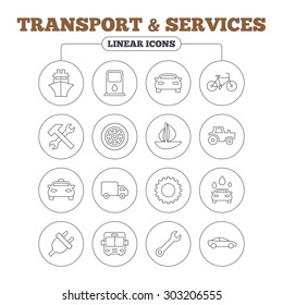 Transport and services icons. Ship, car and public bus, taxi. Repair hammer and wrench key, wheel and cogwheel. Sailboat and bicycle. Circle buttons on white. Vector