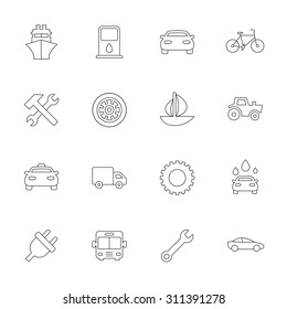 Transport and services icons. Ship, car and public bus, taxi. Repair hammer and wrench key, wheel and cogwheel. Sailboat and bicycle. Outline line icons on white background. Vector