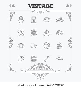 Transport and services icons. Ship, car and public bus, taxi. Repair hammer and wrench key, wheel and cogwheel. Sailboat and bicycle. Vintage ornament patterns. Decoration design elements. Vector