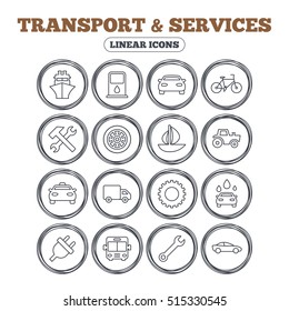 Transport and services icons. Ship, car and public bus, taxi. Repair hammer and wrench key, wheel and cogwheel. Sailboat and bicycle. Circle flat buttons with linear icons. Vector