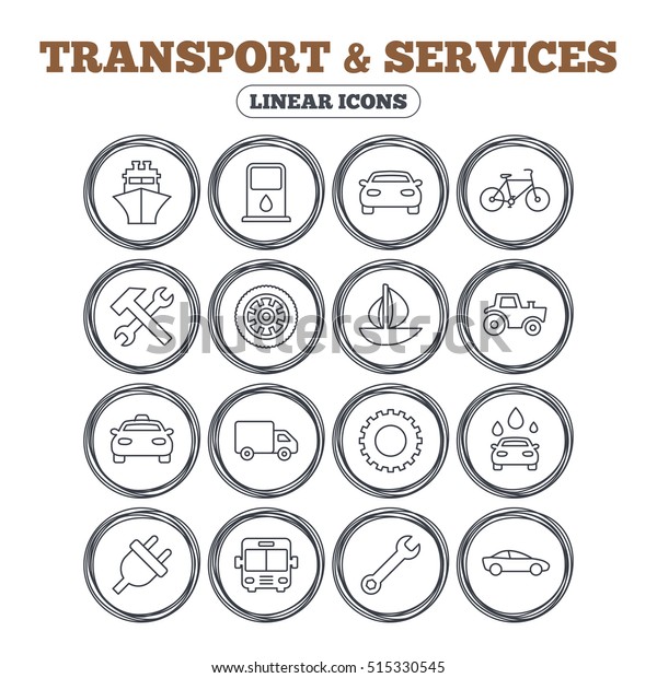 Transport and\
services icons. Ship, car and public bus, taxi. Repair hammer and\
wrench key, wheel and cogwheel. Sailboat and bicycle. Circle flat\
buttons with linear icons.\
Vector