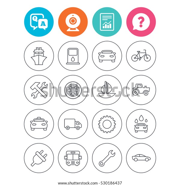 Transport and services icons. Ship, car and public\
bus, taxi. Repair hammer and wrench key, wheel and cogwheel.\
Sailboat and bicycle. Report document, question and answer icons.\
Web camera sign