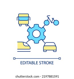 Transport Services Integration RGB Color Icon. Complex System. City Infrastructure. Different Vehicles. Isolated Vector Illustration. Simple Filled Line Drawing. Editable Stroke. Arial Font Used