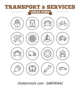 Transport and services linear icons set. Ship, car and public bus, taxi. Repair hammer and wrench key, wheel and cogwheel. Sailboat and bicycle. Thin outline signs. Flat vector