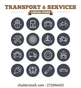 Transport and services linear icons set. Ship, car and public bus, taxi. Repair hammer and wrench key, wheel and cogwheel. Sailboat and bicycle. Thin outline signs. Flat circle vector